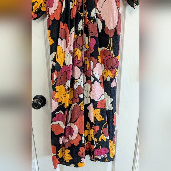 Anthropologie Maeve Deep-V Ruched Midi Multicolor Floral Dress Bohemian Size 12 - Picture 6 of 15